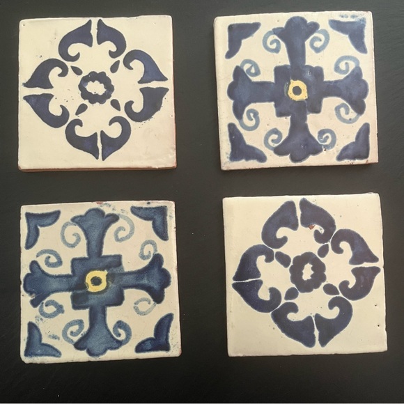 Mexican Hand Painted Terra-Cotta Talavera Vintage Tiles Set of 4 - Picture 1 of 11